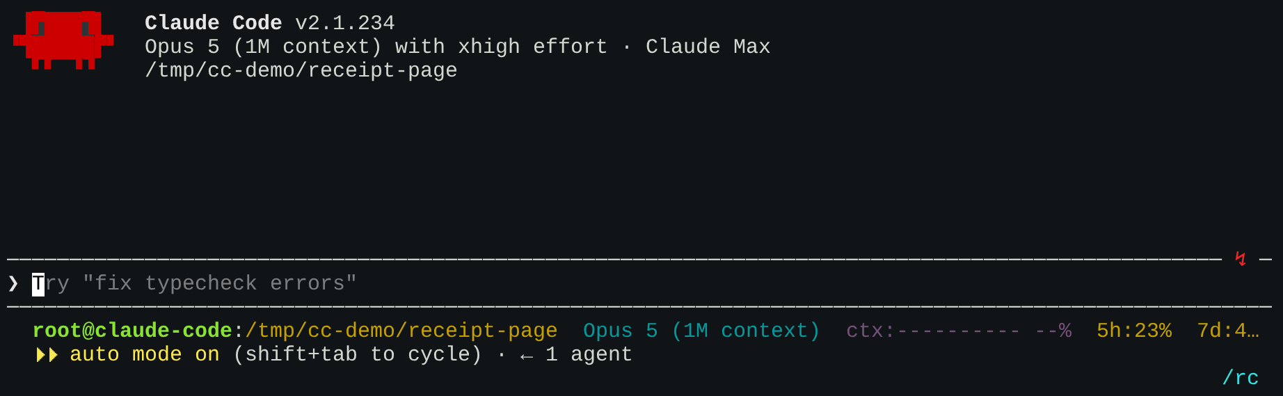 Claude Code first launch in a neutral demo receipt folder