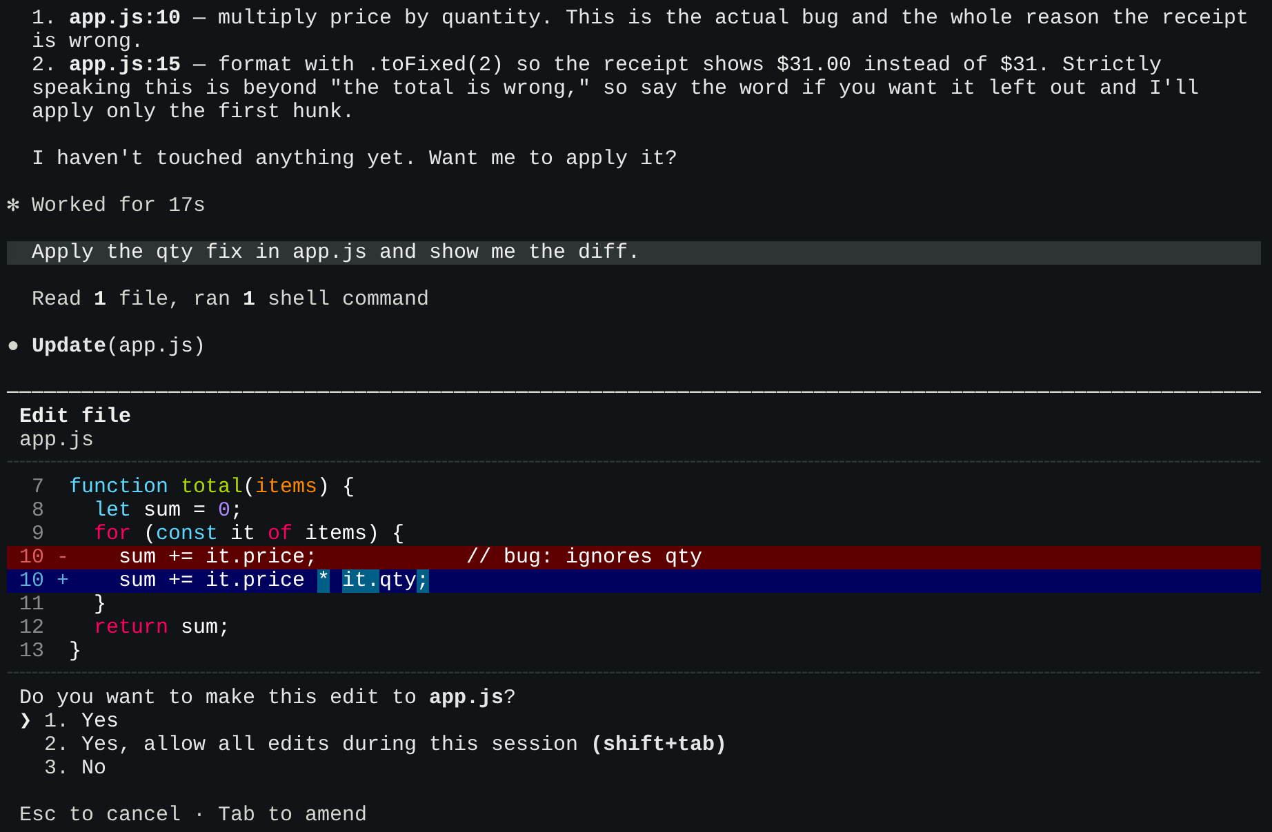 Claude Code showing a plan, an edit diff, and a permission question in a neutral demo receipt folder