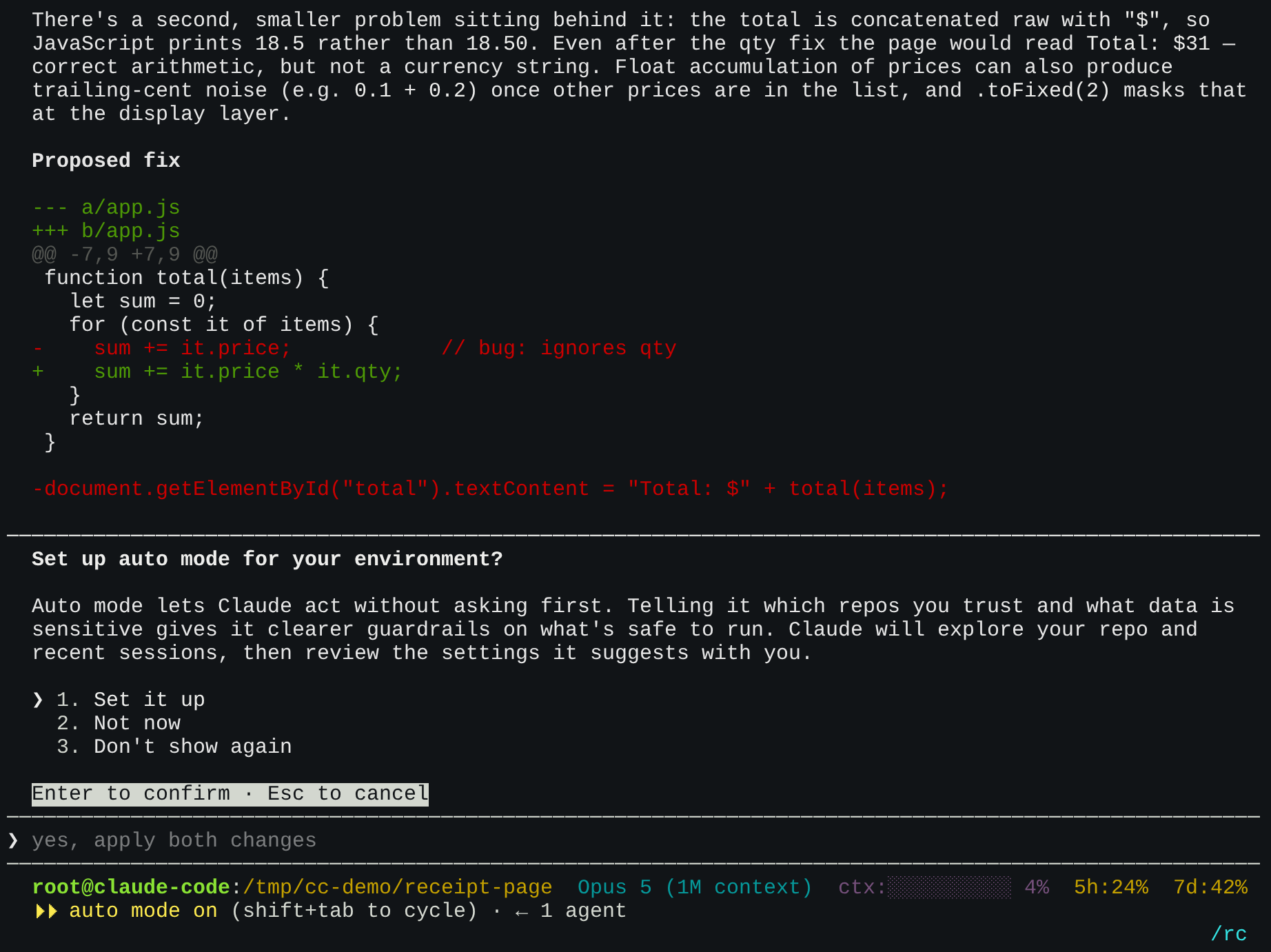 Claude Code showing a plan before editing a neutral demo receipt project